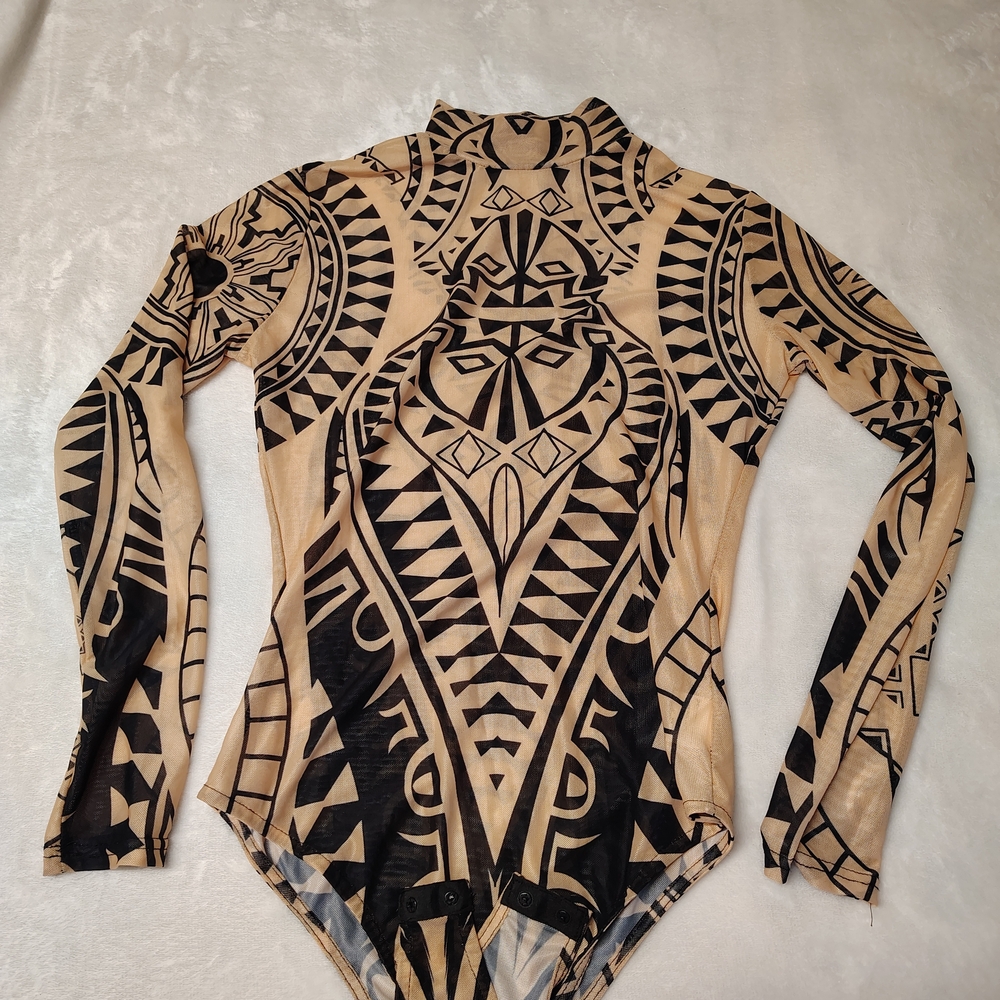 Geometric Patterned Bodysuit - Black and Tan Smi-sheer